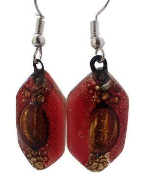 Funky shape red and brown glass earrings. Fused Glass drop earrings . Dangling Earrings - Handmade Recycled Glass Jewelry 