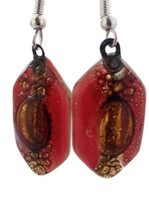 Funky shape red and brown glass earrings. Fused Glass drop earrings . Dangling Earrings - Handmade Recycled Glass Jewelry 