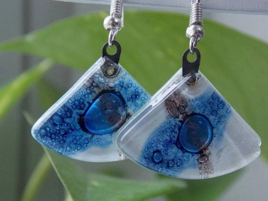 Fan Shaped White Blue and a purply color Recycled Glass Drop Earrings. Dangle Earrings - Handmade Recycled Glass Jewelry 