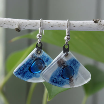Fan Shaped White Blue and a purply color Recycled Glass Drop Earrings. Dangle Earrings - Handmade Recycled Glass Jewelry 