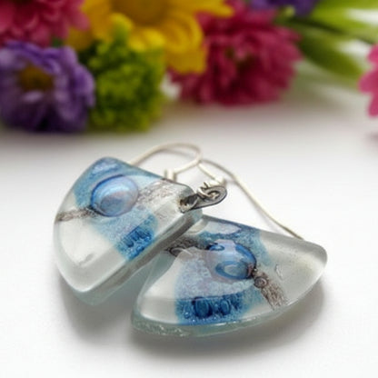 Fan Shaped White Blue and a purply color Recycled Glass Drop Earrings. Dangle Earrings - Handmade Recycled Glass Jewelry 