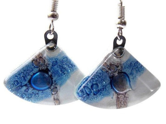 Fan Shaped White Blue and a purply color Recycled Glass Drop Earrings. Dangle Earrings - Handmade Recycled Glass Jewelry 