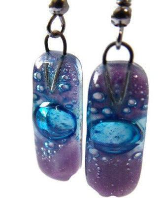 Small Rectangular Lilac and blue recycled Glass Earrings. Fused Glass Jewelry - Handmade Recycled Glass Jewelry 
