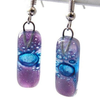 Small Rectangular Lilac and blue recycled Glass Earrings. Fused Glass Jewelry - Handmade Recycled Glass Jewelry 