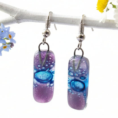 Small Rectangular Lilac and blue recycled Glass Earrings. Fused Glass Jewelry - Handmade Recycled Glass Jewelry 