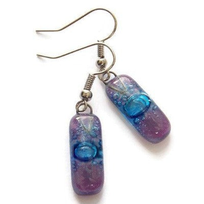 Small Rectangular Lilac and blue recycled Glass Earrings. Fused Glass Jewelry - Handmade Recycled Glass Jewelry 