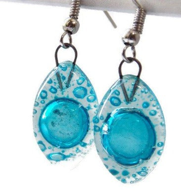 Blue Drop Earrings. Leaf Shaped Turquoise dangle earrings, Recycled Glass. Aqua earrings. - Handmade Recycled Glass Jewelry 