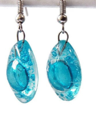 Blue Drop Earrings. Leaf Shaped Turquoise dangle earrings, Recycled Glass. Aqua earrings. - Handmade Recycled Glass Jewelry 