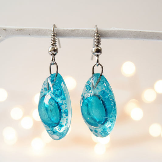 Blue Drop Earrings. Leaf Shaped Turquoise dangle earrings, Recycled Glass. Aqua earrings. - Handmade Recycled Glass Jewelry 