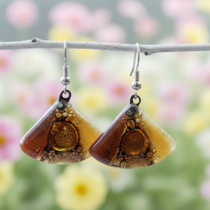 Earth Tones Recycled Glass earrings. Beige Brown and Terracotta fan shape drop Earrings - Handmade Recycled Glass Jewelry 
