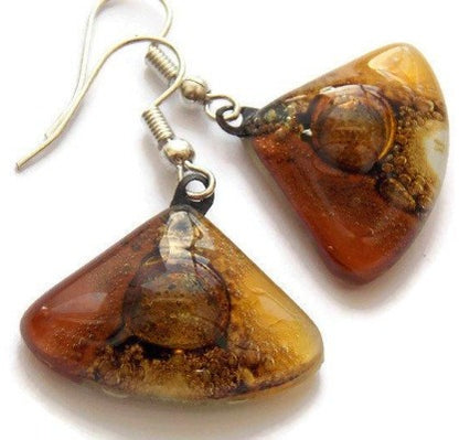 Earth Tones Recycled Glass earrings. Beige Brown and Terracotta fan shape drop Earrings - Handmade Recycled Glass Jewelry 