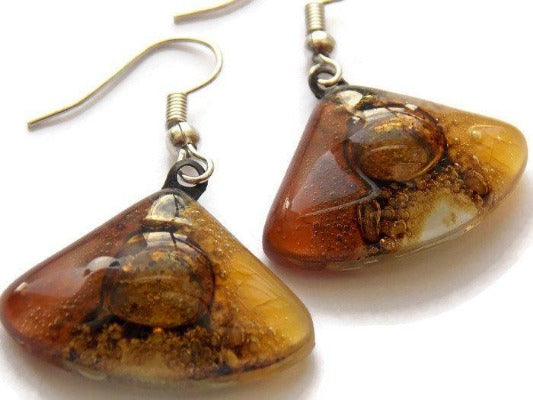 Earth Tones Recycled Glass earrings. Beige Brown and Terracotta fan shape drop Earrings - Handmade Recycled Glass Jewelry 