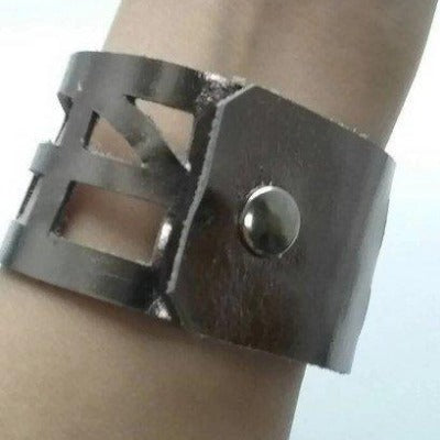 Silver Metallic Reclaimed Leather Cuff Bracelet. Leather wrist Band - Handmade Recycled Glass Jewelry 