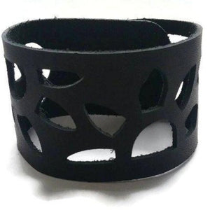 Sunflower Leather Band. Reclaimed Leather Wrist Cuff. Black  Bracelet - Handmade Recycled Glass Jewelry 