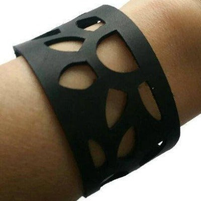 Sunflower Leather Band. Reclaimed Leather Wrist Cuff. Black  Bracelet - Handmade Recycled Glass Jewelry 