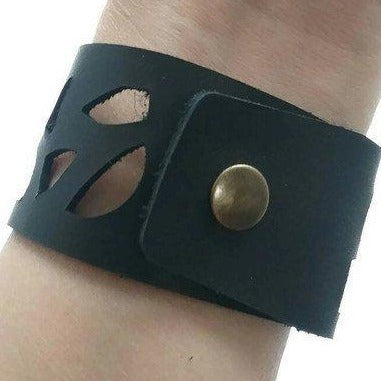 Sunflower Leather Band. Reclaimed Leather Wrist Cuff. Black  Bracelet - Handmade Recycled Glass Jewelry 