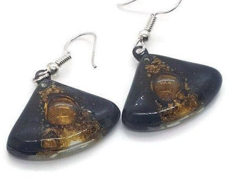 Black white and brown Fan shape recycled fused glass drop earrings. Neutral colors dangle earrings. - Handmade Recycled Glass Jewelry 