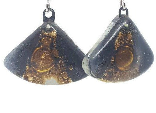 Black white and brown Fan shape recycled fused glass drop earrings. Neutral colors dangle earrings. - Handmade Recycled Glass Jewelry 