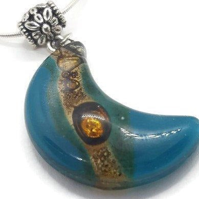 Teal and brown moon shape pendant. recycled Fused glass Necklace - Handmade Recycled Glass Jewelry 