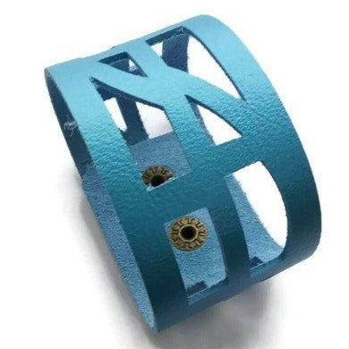 Blue Leather "Self_Empowering" Wrist band.  Reclaimed Leather Cuff Bracelet - Handmade Recycled Glass Jewelry 