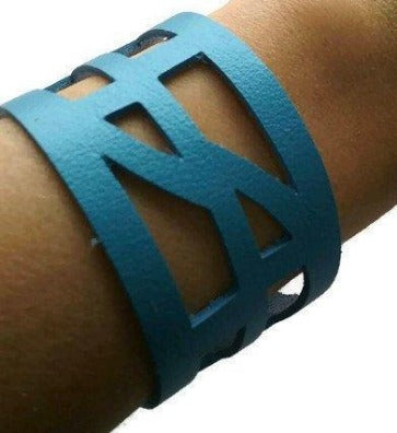 Blue Leather "Self_Empowering" Wrist band.  Reclaimed Leather Cuff Bracelet - Handmade Recycled Glass Jewelry 