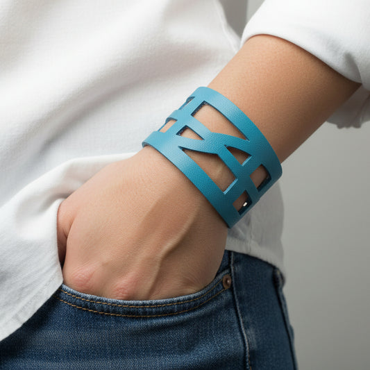 Blue Leather "Self_Empowering" Wrist band.  Reclaimed Leather Cuff Bracelet - Handmade Recycled Glass Jewelry 