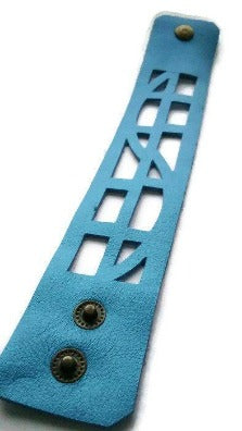 Blue Leather "Self_Empowering" Wrist band.  Reclaimed Leather Cuff Bracelet - Handmade Recycled Glass Jewelry 