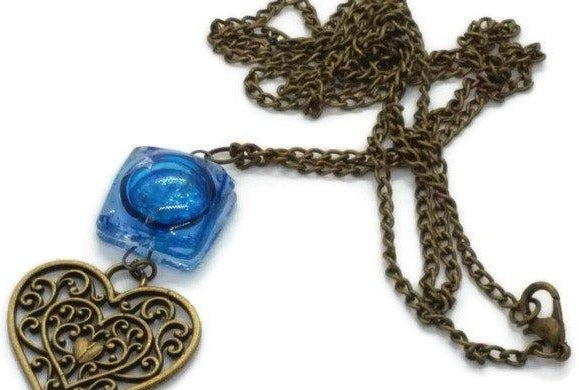 Blue long Heart Recycled Glass pendant. Long Fused Glass necklace - Handmade Recycled Glass Jewelry 