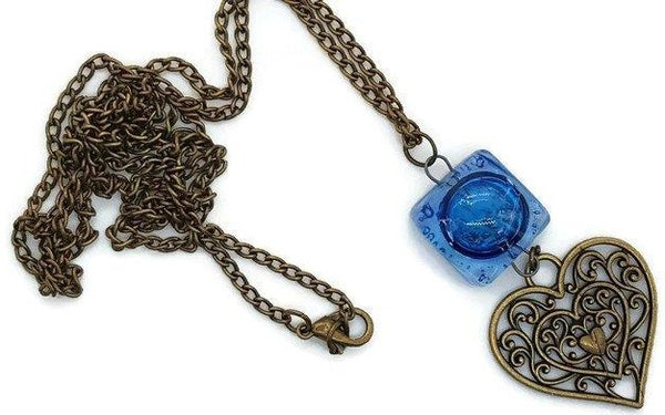 Blue long Heart Recycled Glass pendant. Long Fused Glass necklace - Handmade Recycled Glass Jewelry 