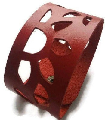 Red Sunflower Reclaimed Leather Cuff Bracelet. Repurposed Leather wrist Band - Handmade Recycled Glass Jewelry 