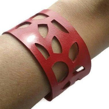 Red Sunflower Reclaimed Leather Cuff Bracelet. Repurposed Leather wrist Band - Handmade Recycled Glass Jewelry 