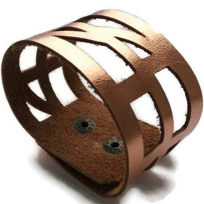 Repurposed Leather Wrist band. "self"empowering" Copper Leather Cuff Bracelet - Handmade Recycled Glass Jewelry 