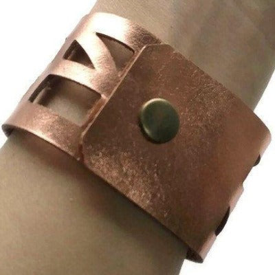 Repurposed Leather Wrist band. "self"empowering" Copper Leather Cuff Bracelet - Handmade Recycled Glass Jewelry 