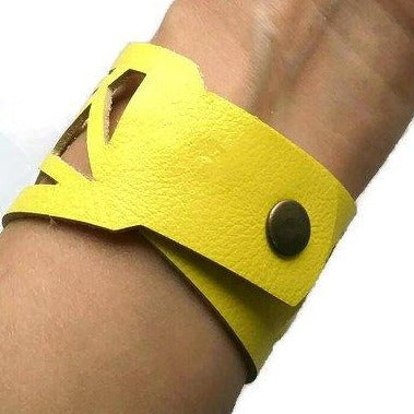 Yellow Barcelona Leather Cuff. Reclaimed Leather bracelet. Handcut in a Laser cutting style... - Handmade Recycled Glass Jewelry 