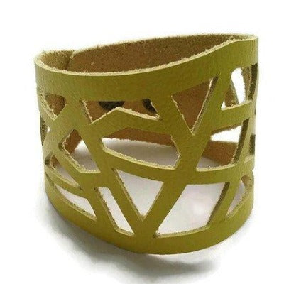 Yellow Barcelona Leather Cuff. Reclaimed Leather bracelet. Handcut in a Laser cutting style... - Handmade Recycled Glass Jewelry 