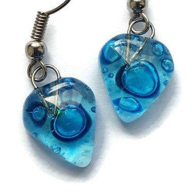 Small heart shapped blue fused glass drop Earrings. Turquoise Recycles Glass dangle Earrings. - Handmade Recycled Glass Jewelry 