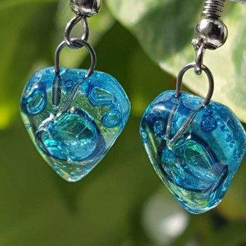 Small heart shapped blue fused glass drop Earrings. Turquoise Recycles Glass dangle Earrings. - Handmade Recycled Glass Jewelry 