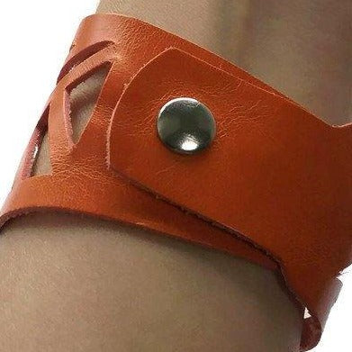 Leather Cuff. Orange Barcelona Leather cuff. Reclaimed Leather. Leather wrist band. - Handmade Recycled Glass Jewelry 