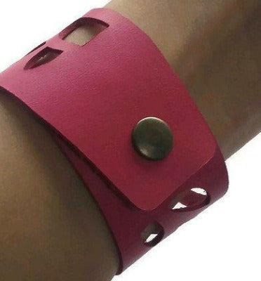 Pink Sunflower Wrist Band. Reclaimed Fucsia  Leather Cuff Bracelet