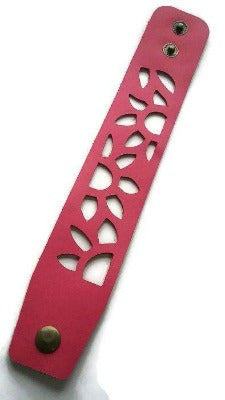 Pink Sunflower Wrist Band. Reclaimed Fucsia  Leather Cuff Bracelet - Handmade Recycled Glass Jewelry 