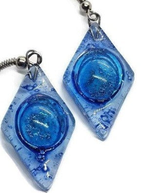 Glass Earrings Blue Diamond Shaped Earrings Recycled fused glass Earrings