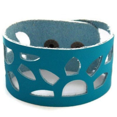 Turquoise Leather Wrist Band. Sunflowers Bracelet. Reclaimed Leather Cuff Bracelet - Handmade Recycled Glass Jewelry 