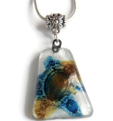 White brown and blue Pendant. Recycled GLass necklace. - Handmade Recycled Glass Jewelry 