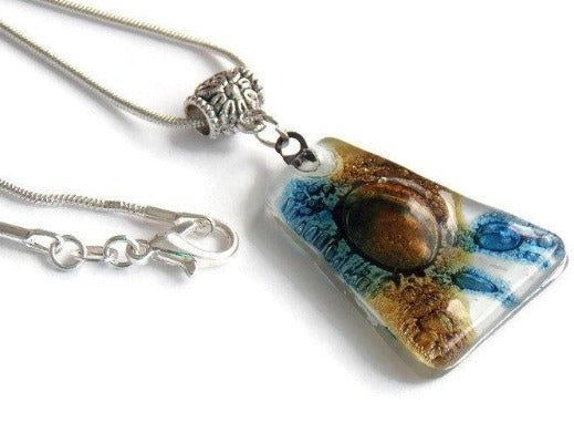 White brown and blue Pendant. Recycled GLass necklace. - Handmade Recycled Glass Jewelry 