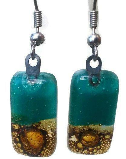 Teal and Caramel earrings - Handmade Recycled Glass Jewelry 