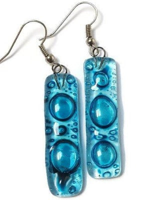 Turquiose long earrings. Lots of  bubbles. Recycled Fused Glass Dangling earrings - Handmade Recycled Glass Jewelry 