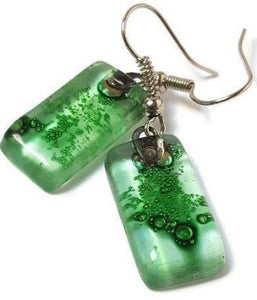 Green Small Rectangular Recycled Glass Drop Earrings. Fused Glass Dangle earrings - Handmade Recycled Glass Jewelry 