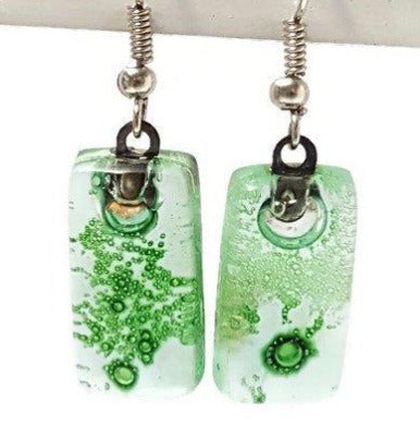 Green Small Rectangular Recycled Glass Drop Earrings. Fused Glass Dangle earrings - Handmade Recycled Glass Jewelry 