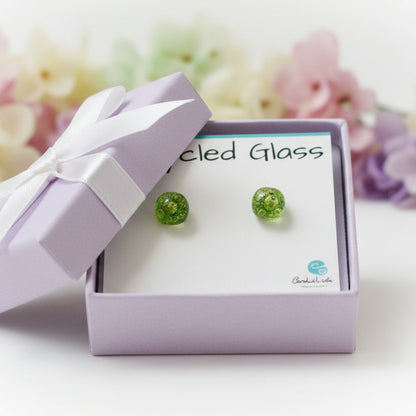 Small Post peridot Green  Earrings. Fused Glass Studs. Recycled Glass jewelry. - Handmade Recycled Glass Jewelry 