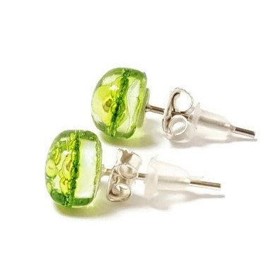Small Post peridot Green  Earrings. Fused Glass Studs. Recycled Glass jewelry.